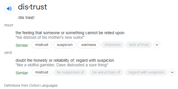 distrust, feeling that someone or something cannot be relied upon, doubt the honest or reliability of, regard with suspicion, definitions from Oxford Languages